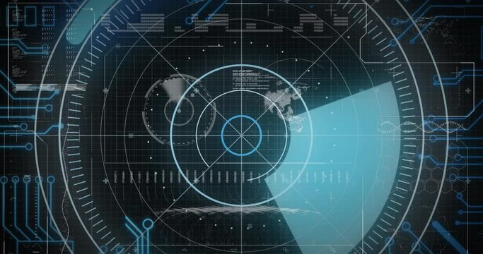 Animation of scope scanning, statistics and data processing on black background