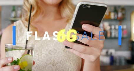 Animation of flash sale text and 6g text over caucasian woman using smartphone - Powered by Adobe