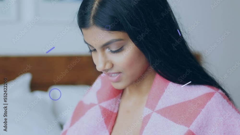 Poster animation of icons and data processing over woman with smartphone