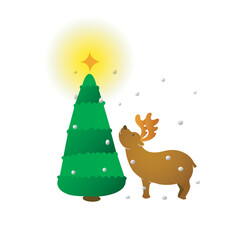 a deer mesmerized by the sparkle of light that is above the pine tree