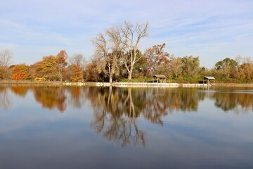 The trees reflect off the lake on a sunny autumn day.