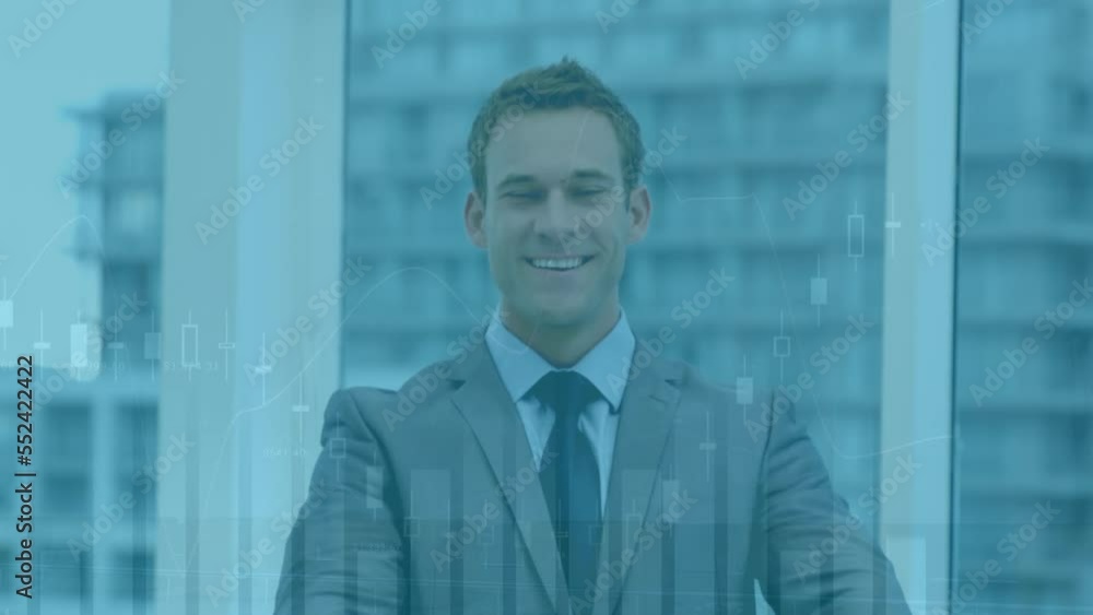 Poster animation of data processing over caucasian businessman smiling