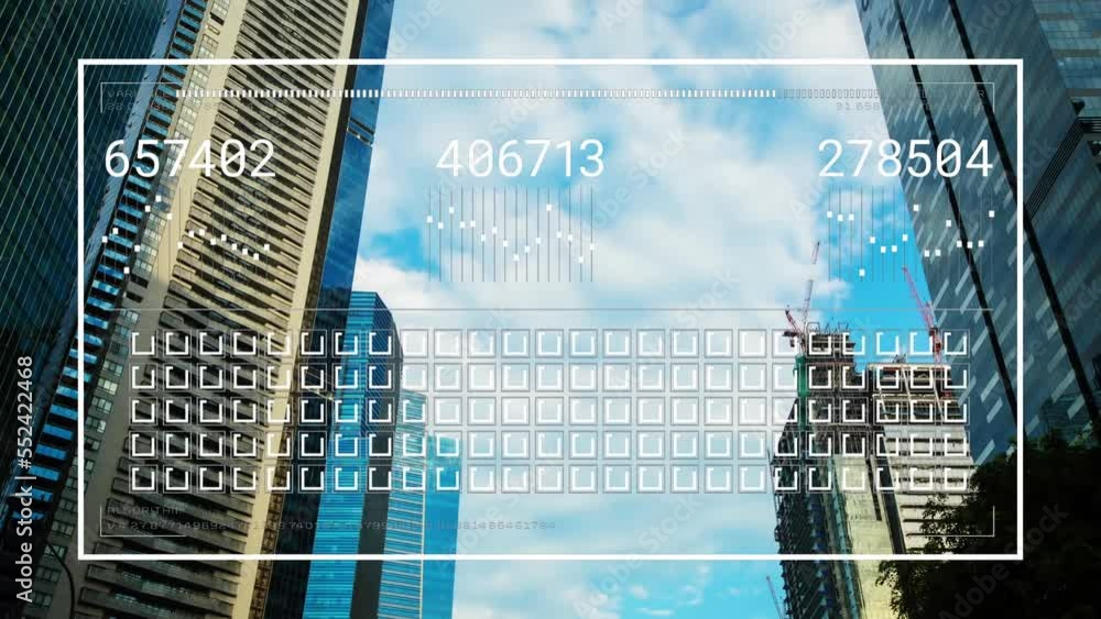 Poster animation of data processing over cityscape