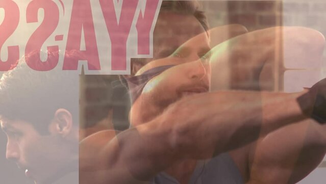 Animation of yass text over caucasian strongmen exercising