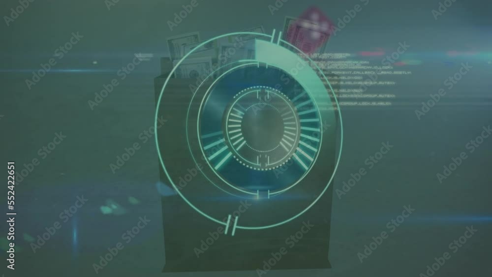 Poster animation of data processing over bag with banknotes