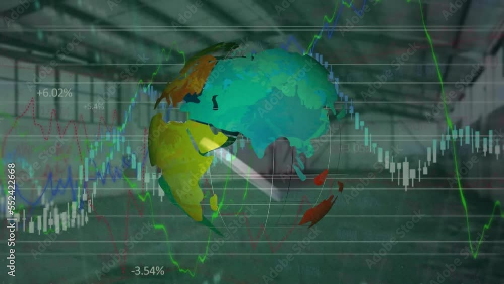 Poster animation of data processing and globe over warehouse