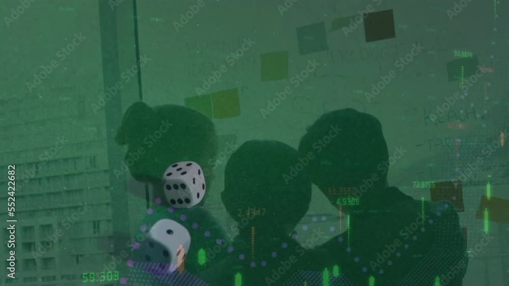 Poster animation of data processing and diverse business children over dices