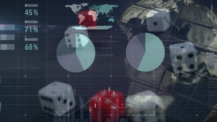 Animation of data processing over dices and globe of banknotes - Powered by Adobe