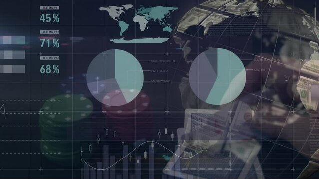 Animation of globe with dollar bills, casino chips and financial data processing