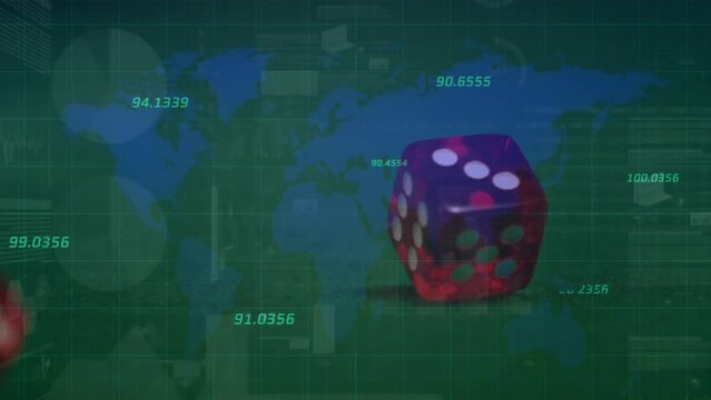 Animation of data processing and world map over dices