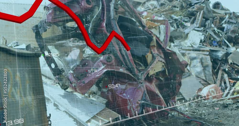 Poster animation of red line and financial data processing over wasteland