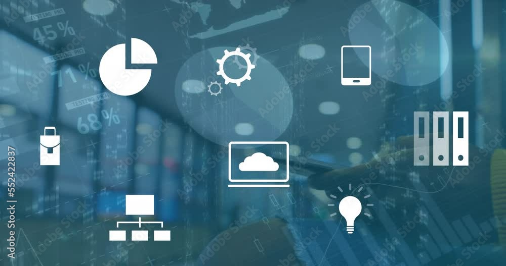 Aufkleber animation of statistics and business icons data processing over office