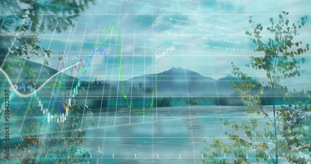 Poster animation of statistics and financial data processing over landscape