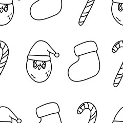Cute winter Christmas Santa Claus pattern in doodle. Design for winter decoration interior, print posters, greeting card, business banner, wrapping. 
