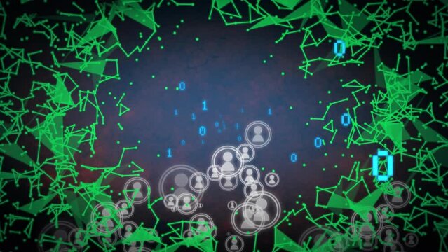 Animation of binary coding, icons and network of connections