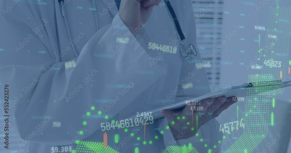 Aufkleber animation of looping numbers and graphs over midsection of doctor writing on clipboard