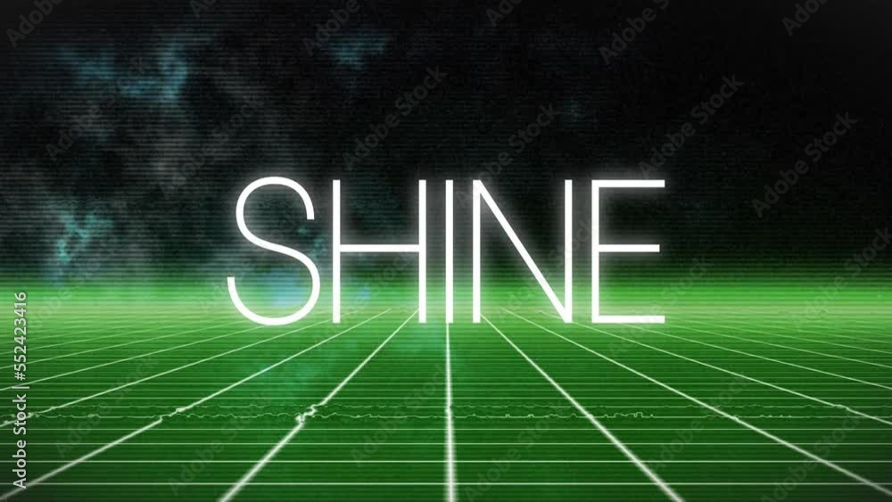 Poster animation of glitch technique and shine text over grid pattern on black background