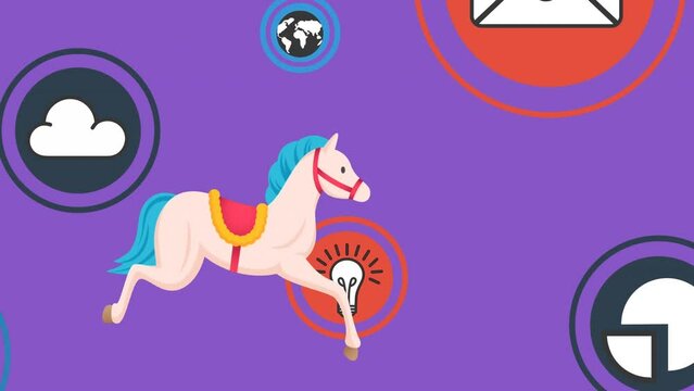 Animation of floating icons in circles and horse moving over purple background