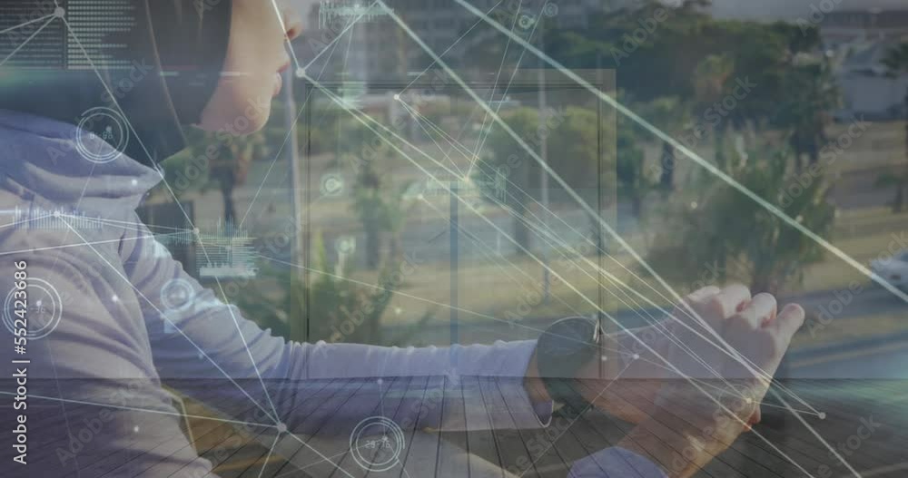 Aufkleber animation of dots connected with lines, database over biracial woman using smartwatch in balcony