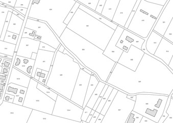 Imaginary cadastral map of territory with buildings, roads, fields and land parcel