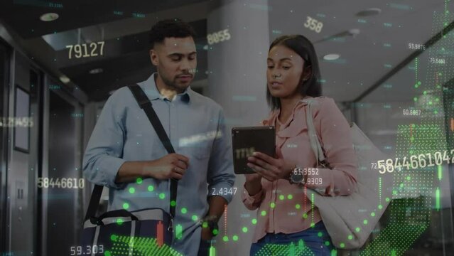The businesswoman and businessman in the video are using a tablet and talking, presumably about busi
