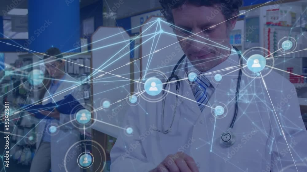 Poster animation of network of connections with icons over diverse scientists in lab