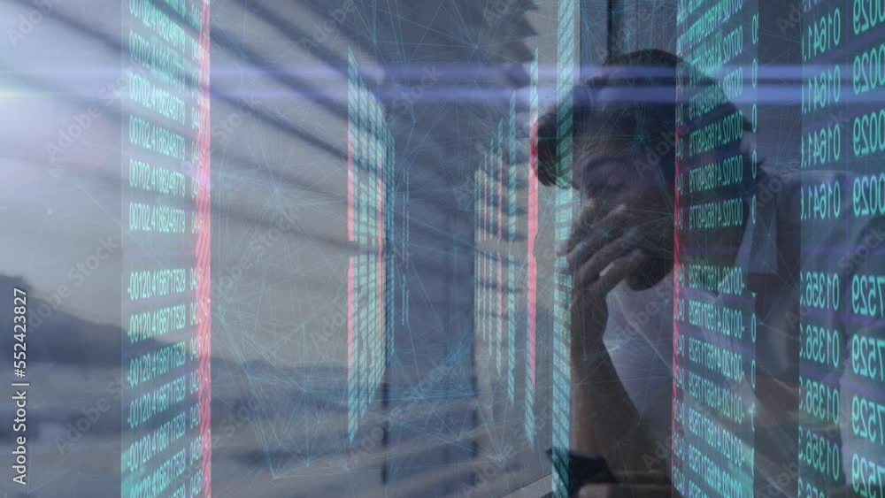 Poster animation of data processing over caucasian man and landscape