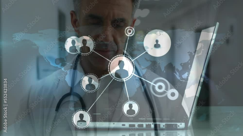 Poster Animation of caucasian male doctor over network of connections