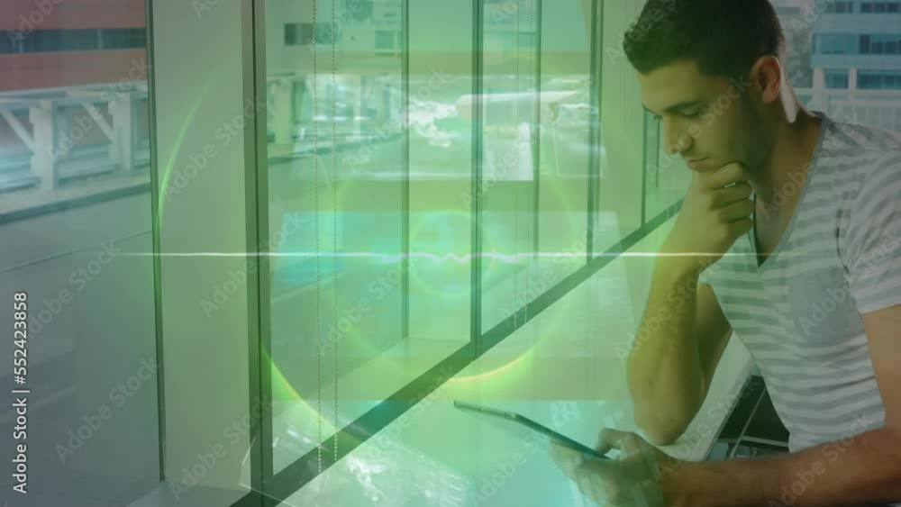Poster animation of computer language, infographic interface screens, biracial man using digital tablet