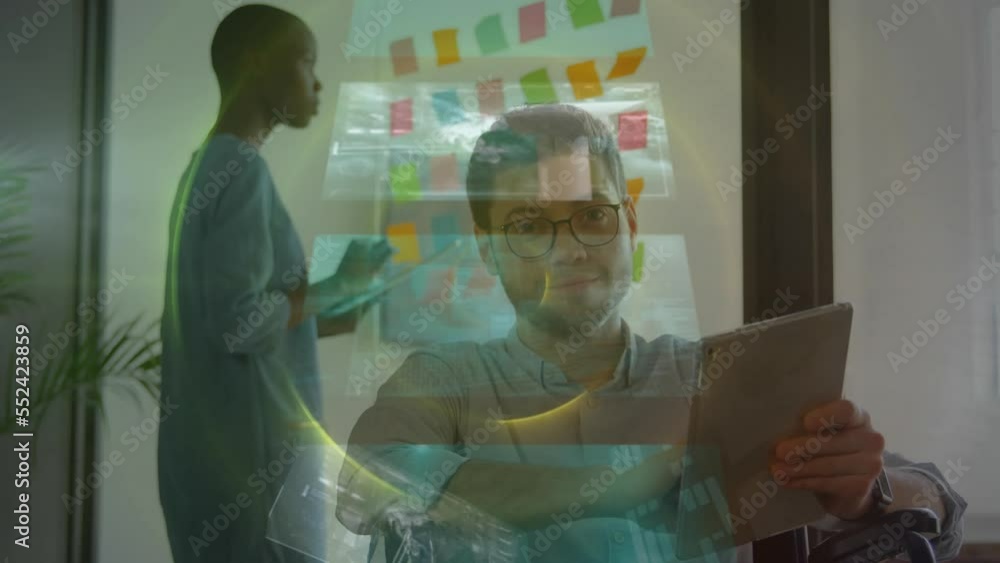 Poster animation of infographic interface screens over diverse man using tablet and woman with sticky notes