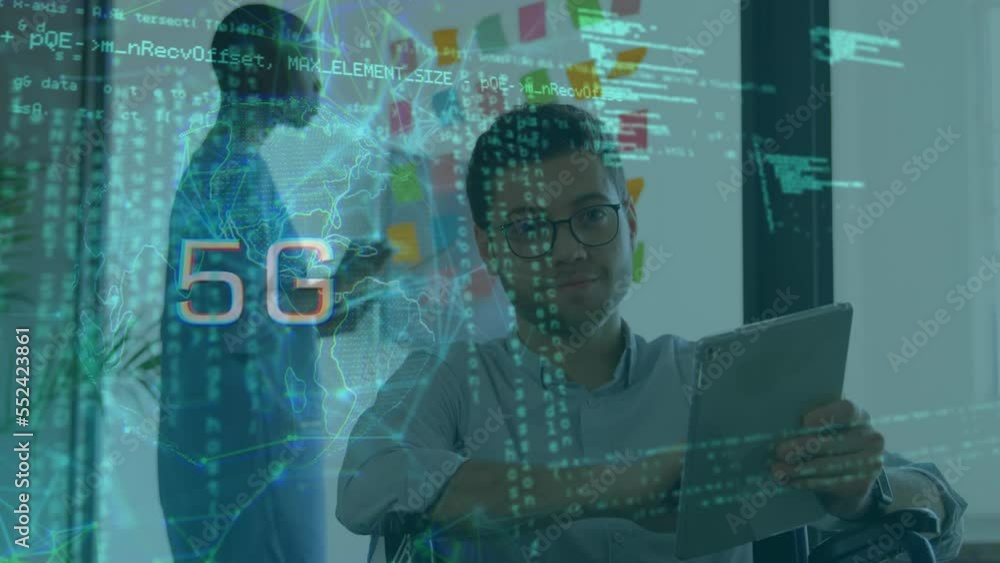 Poster animation of 5g text in globe, computer language diverse man using tablet, woman with sticky notes