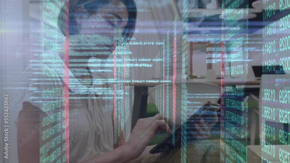 Poster animation of programming language, numbers and fingerprints over biracial woman using digital tablet