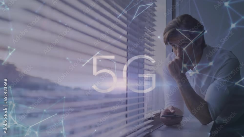 Poster animation of 5g text and connected dots over thoughtful caucasian businessman using cellphone