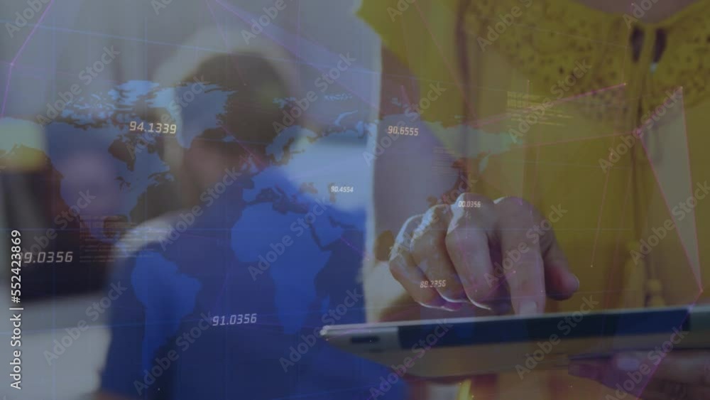 Poster animation of floating numbers and map over midsection of caucasian woman using digital tablet