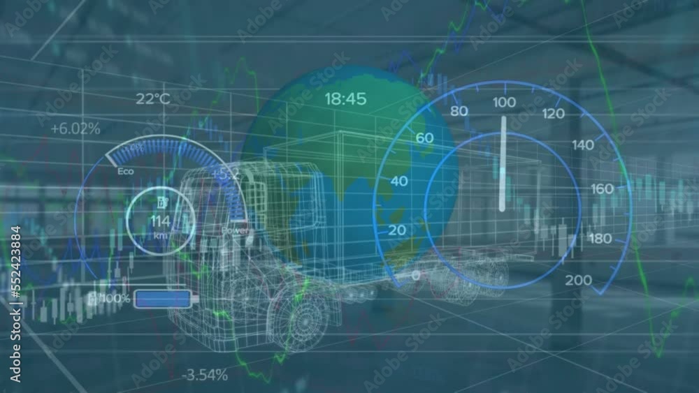 Poster animation of data processing over globe and lorry