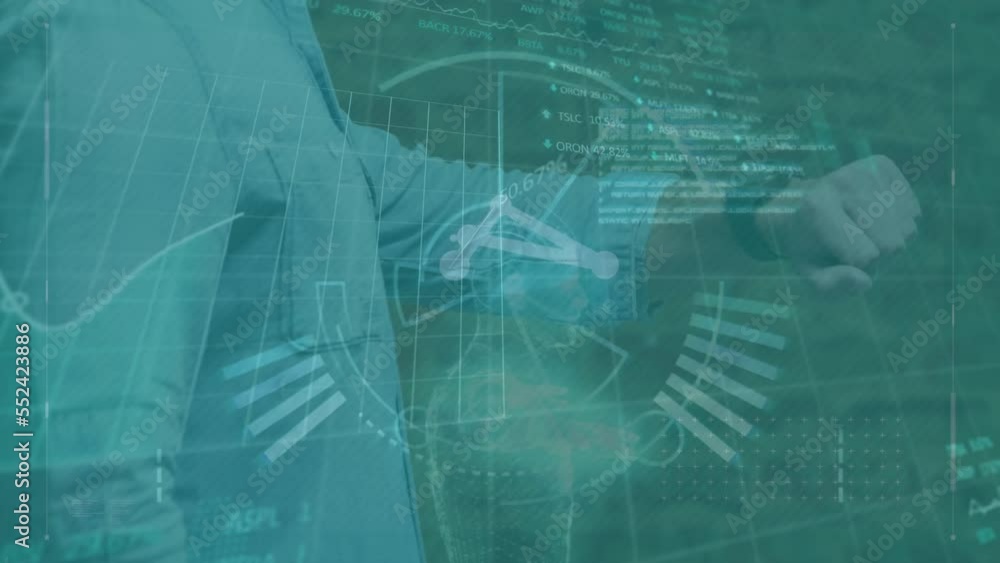 Poster animation of data processing with scope scanning over caucasian man using smartwatch