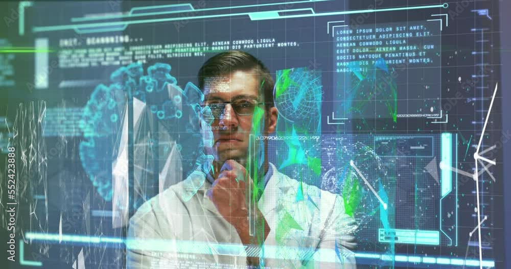 Poster animation of data processing with virus cell over caucasian male scientist