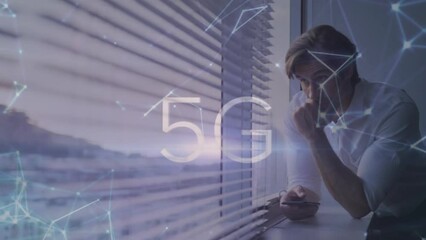 Animation of 5g text and connected dots over thoughtful caucasian businessman using cellphone - Powered by Adobe
