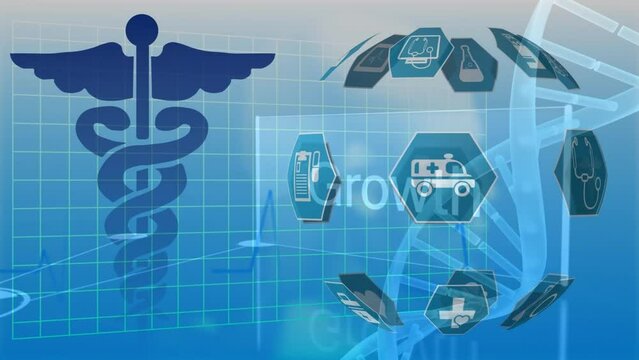 Animation of medical caduceus symbol, icons in hexagon forming globe, dna helix over multiple texts