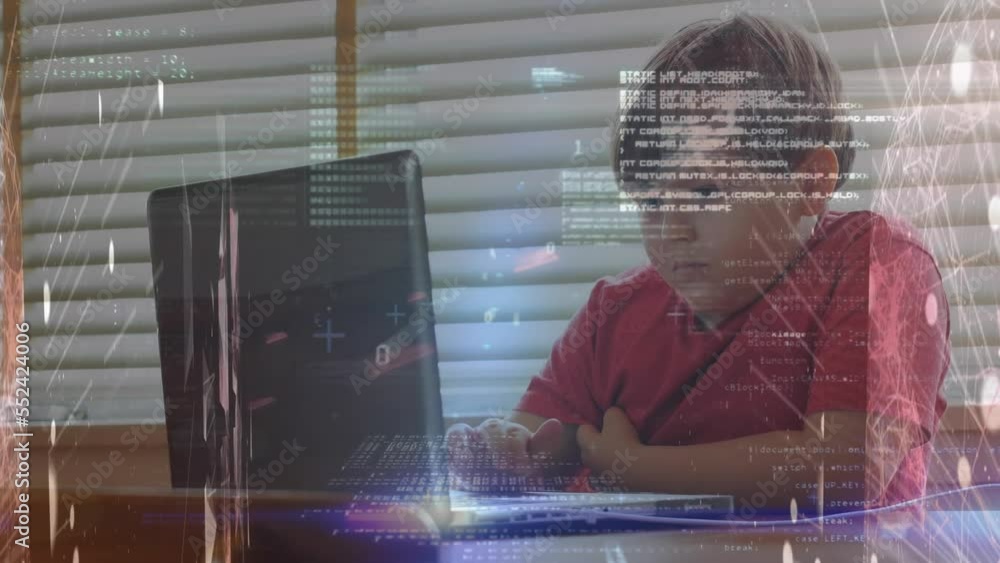 Poster animation of binary codes, computer language, lens flares over caucasian boy using laptop