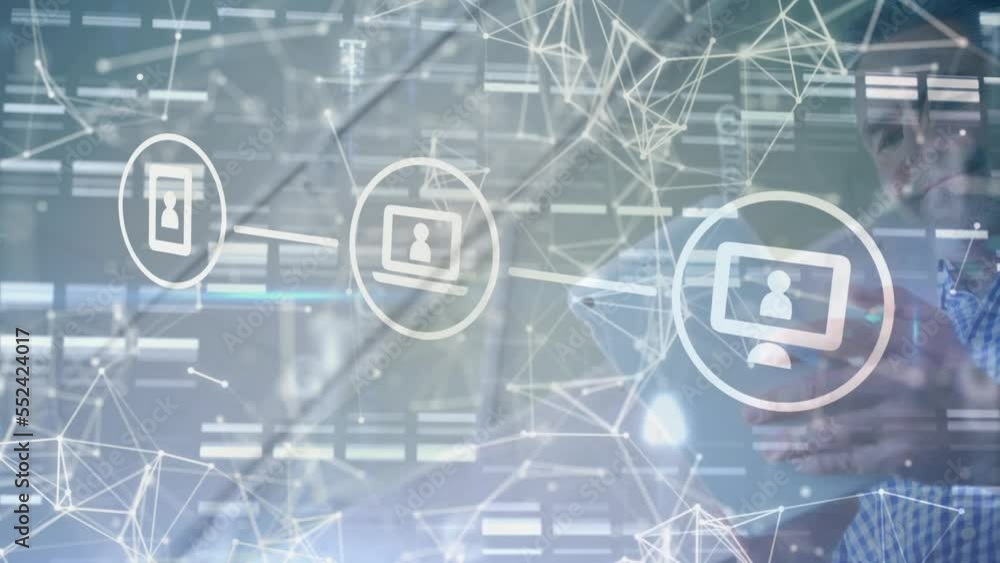 Poster animation of network of connections with icons over caucasian man using tablet