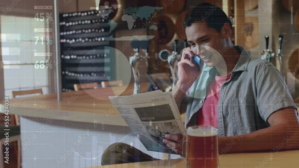Poster animation of data processing over biracial man in bar talking on smartphone
