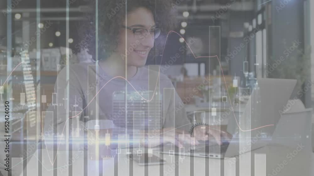 Poster animation of multiple graphs moving over smiling biracial man using laptop at cafes