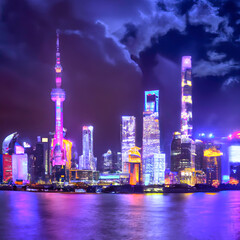 Abstract skyline of Shanghai, the most populous urban area in China, at night. Generative AI.