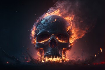 Skull burned in fire in dark Halloween night. Concept of Halloween. Generative AI