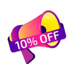 10 percent off banner label, badge icon with megaphone. Flat design