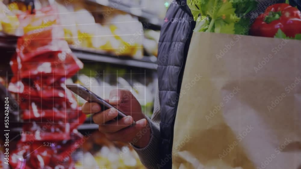 Poster animation of graphs, trading board over midsection of caucasian man using cellphone in supermarket