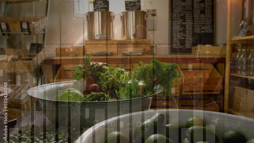 Aufkleber animation of data processing over shop with vegetables