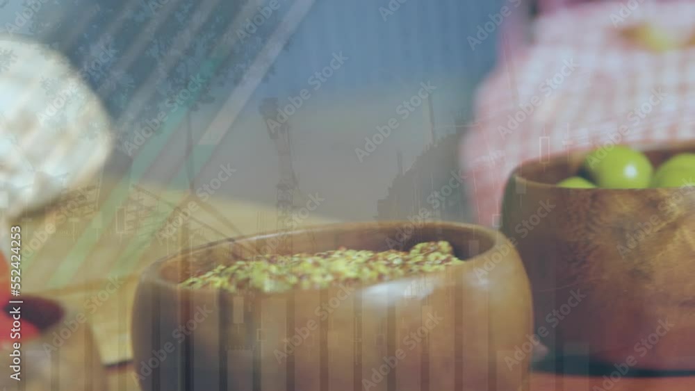 Aufkleber animation of data processing over baskets with vegetables and seasonings