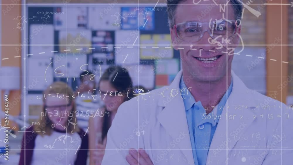 Poster animation of mathematical sums and abstract pattern over caucasian male scientist with arms crossed